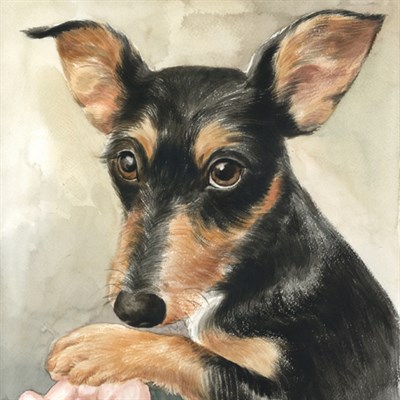 Hand Painted Watercolor of A Black Dog Holding A Girl